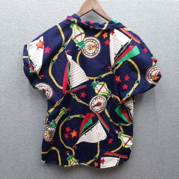 Vintage Laura Mae Nautical Print Button-Up Blouse With Short Sleeves Navy Red & - Picture 3 of 3